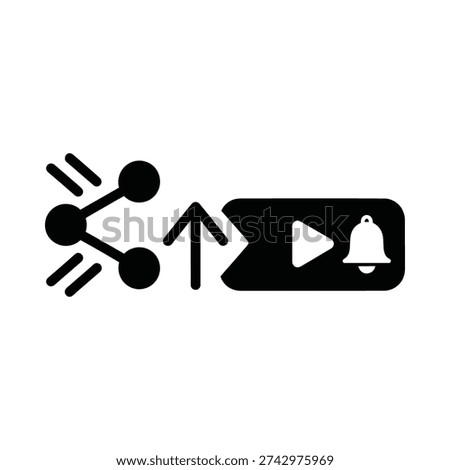 Black and white icon showing interconnected nodes with arrows pointing toward a notification bell symbol inside a rectangular speech bubble