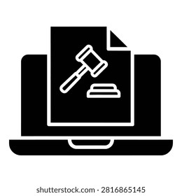 Black and white icon showing a laptop computer with a legal document and judge gavel on screen. Symbolizing cyber law, online court, or digital justice.