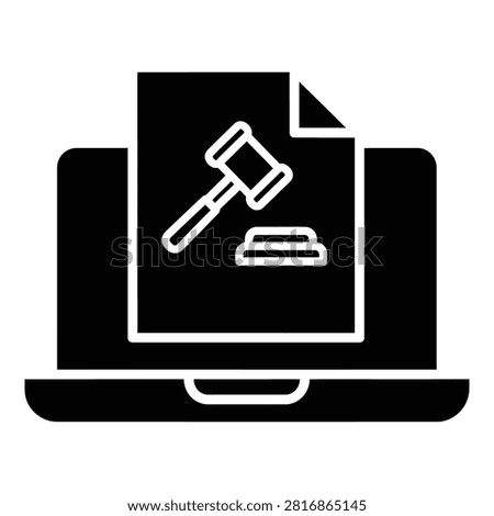 Black and white icon showing a laptop computer with a legal document and judge gavel on screen. Symbolizing cyber law, online court, or digital justice.