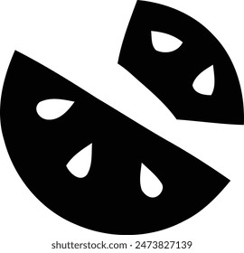 A black and white icon showing a pizza slice with tomatoes on it. The tomato is also depicted as falling apart in an abstract way.