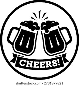Black and white icon showing two frothy beer mugs clinking together for a toast on transparent background
