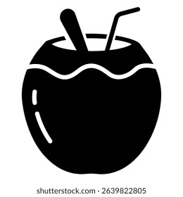 A black and white icon shows a coconut with a spoon and straw, often used to represent a tropical drink.