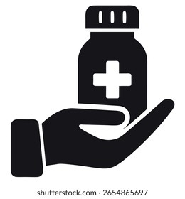 Ein schwarz-weißes Symbol zeigt eine Hand, die eine Medikamentenflasche mit einem Kreuz hält.