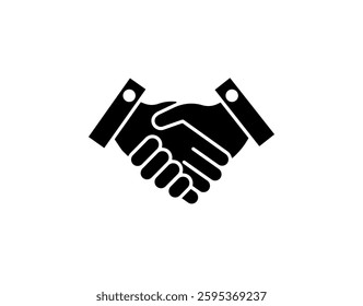 Black and white icon shows a handshake symbolizing agreement or partnership. simple and clear.