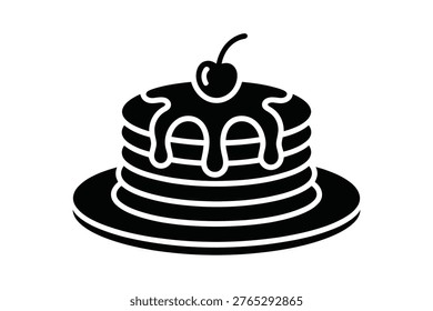 A black and white icon shows a stack of round pancakes served on a plate. Syrup is drizzled over the pancakes, and a single cherry with a stem sits on top as a garnish. The illustration is a silhouette on a white background.