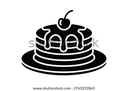 A black and white icon shows a stack of round pancakes served on a plate. Syrup is drizzled over the pancakes, and a single cherry with a stem sits on top as a garnish. The illustration is a silhouette on a white background.