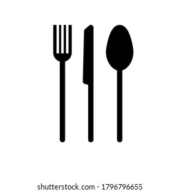black and white icon: silhouettes of a fork, knife, and spoon. Vector