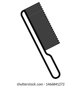 Black and white icon is a simple linear fashionable glamorous comb with a pen and teeth, a hairdresser's tool for making hair and beauty guidance. Vector illustration