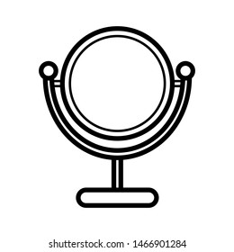 Black and white icon is a simple linear fashionable glamorous round mirror for applying two-sided makeup with the effect of fitting with a magnifying glass for beauty guidance. Vector illustration