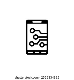 Black and white icon of a smartphone with a stylized circuit board pattern on the screen.