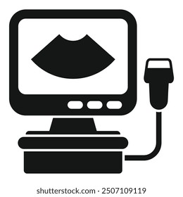 Black and white icon of a sonography machine displaying a fetus, ideal for representing prenatal care and diagnostics