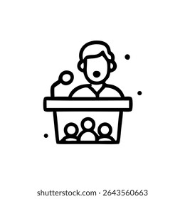 A black and white icon of a speaker at a podium with a microphone, addressing an audience, in a simple, line art style.