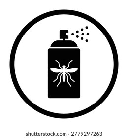 Black and white icon of a spray can with insect bug symbol and spraying nozzle, against white background