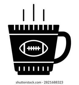 Black and white icon of a steaming hot coffee mug featuring an American football symbol. Perfect for sports theme designs, tailgating, or team merchandise.
