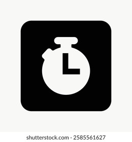 Black and white icon of a stopwatch with the letter 'L' inside. Stopwatch icon in a square. Simple stopwatch design for timing and tracking. User interface icon vector.