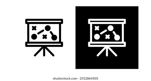 A black and white icon of a strategy board, planning, football