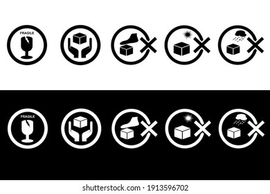 Black and White Icon Style, Instruction, Caution and Prohibited Sign at Package, Fragile, Handle with care do not step, direct sun and rain
