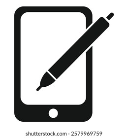 Black and white icon of a stylus pen touching a smartphone screen