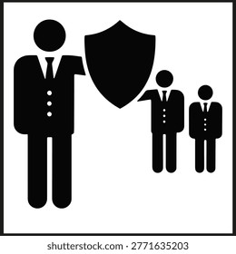 Black and white icon of suited figure extending arm toward shield symbolizing leadership protection and responsibility