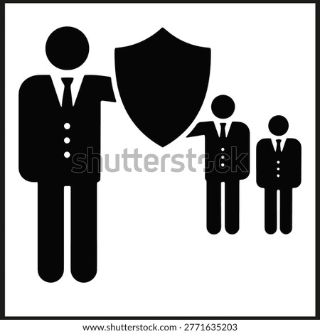 Black and white icon of suited figure extending arm toward shield symbolizing leadership protection and responsibility