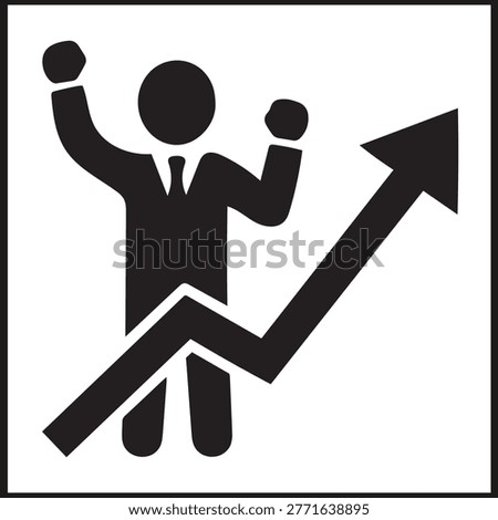 Black and white icon of suited person raising arms with jagged upward arrow symbolizing growth success and business achievement