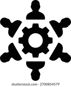 Un icono en blanco y negro que simboliza el trabajo en equipo y la colaboración, con un engranaje central rodeado de seis siluetas humanas dispuestas en un patrón circular.
