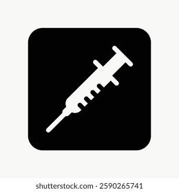 Black and white icon of a syringe. Medical syringe symbol. Simple syringe design. Healthcare and medical theme. Syringe illustration in square frame. User interface icon vector.