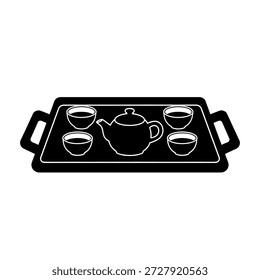 Un icono blanco y negro de un juego de té, que incluye una tetera y cuatro tazas, todo perfectamente dispuesto en una bandeja de servir con asas.