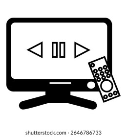 Black and white icon of a television screen displaying media control buttons with a remote control leaning on the screen, representing multimedia or home entertainment.
