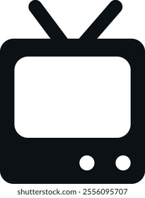 Black and white icon of a television set with a rectangular screen, two antennae on top, and two circular buttons at the bottom right. Represents a traditional television.