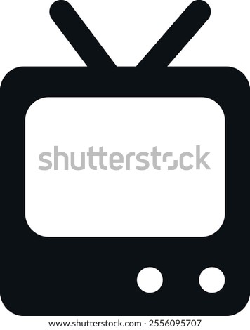 Black and white icon of a television set with a rectangular screen, two antennae on top, and two circular buttons at the bottom right. Represents a traditional television.