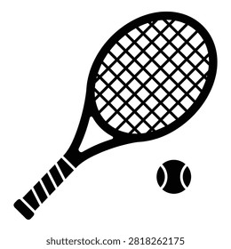 Black and white icon of a tennis racket and ball, sports equipment, recreation activity