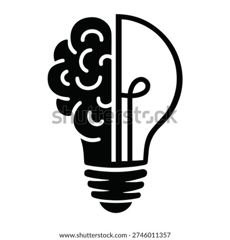 A black and white icon that merges a stylized human brain with a light bulb. The left half of the icon depicts the intricate folds of a brain, while the right half forms the shape of a classic incandescent light bulb. The two halves are seamlessly integrated, symbolizing the connection between thought and ideas. The icon is set against a white background.