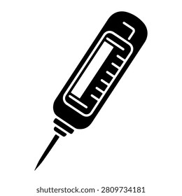 Black and white icon of a thermometer used in medical and health contexts for measuring body temperature.