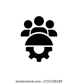 Icono blanco y negro de tres figuras humanas de pie sobre el engranaje que representa el trabajo en equipo