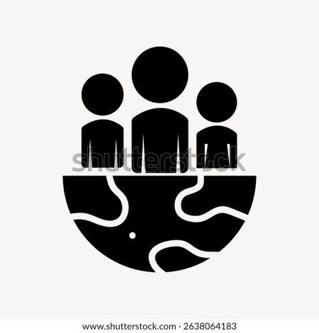 Black and white icon of three people standing on a globe. Simplistic figures represent unity and community. Earth and people in a minimalist style. User interface icon vector.