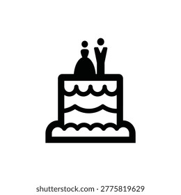 Black and white icon of tiered wedding cake with bride and groom topper. Simple vector pictogram representing marriage celebration, reception, and nuptials.