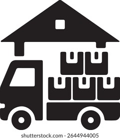 A black and white icon of a trucka being loaded with boxes under the roof of a building