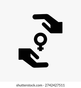 Black and white icon of two hands surrounding a female gender symbol. Symbolic representation of protection and empowerment. Minimalist design with gender focus. Woman illustration vector.