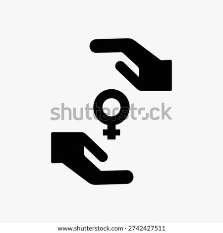 Black and white icon of two hands surrounding a female gender symbol. Symbolic representation of protection and empowerment. Minimalist design with gender focus. Woman illustration vector.