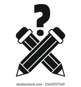 Black and white icon of two pencils forming an x shape with a question mark above, representing the concept of writer's block