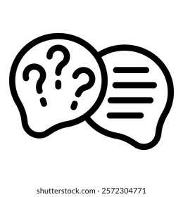 Black and white icon of two speech bubbles, one with question marks and the other with lines for text