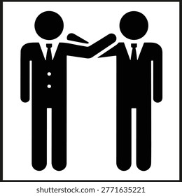 Black and white icon of two suited human figures with one extending arm toward shoulder symbolizing interaction and communication