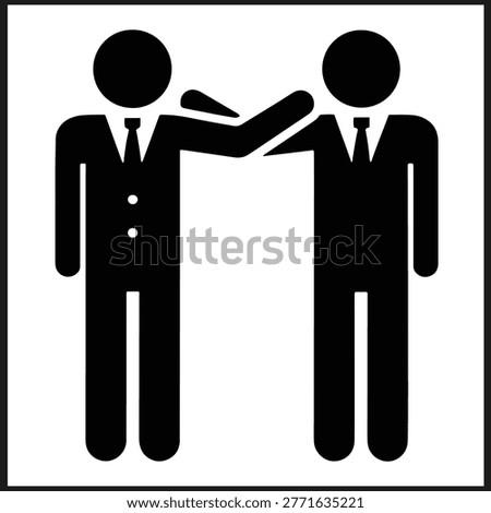 Black and white icon of two suited human figures with one extending arm toward shoulder symbolizing interaction and communication