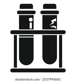 Icono blanco y negro de dos tubos de ensayo en un bastidor, uno con un símbolo de información y el otro con un símbolo de electricidad