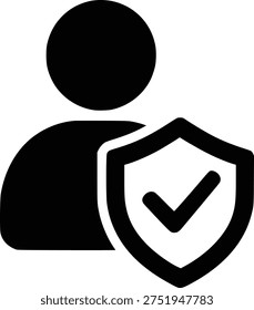 A black and white icon of a user profile with a shield and checkmark, symbolizing secure protection and verification.