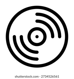 Un icono en blanco y negro de un disco de vinilo con surcos y ondas de sonido que emanan de él, que simboliza la música, el audio retro o la reproducción de discos.