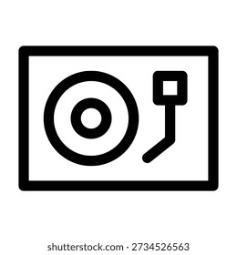 Un icono en blanco y negro de un reproductor de discos de vinilo. La ilustración simplificada presenta un tocadiscos con un disco de grabación circular y un brazo con una aguja, capturando la esencia retro de la reproducción de música analógica en un estilo de arte lineal.