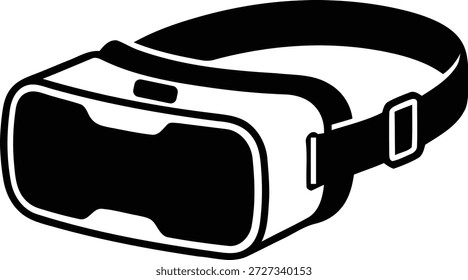 Black and white icon of a Virtual Reality (VR) headset. Vector illustration of VR goggles or glasses for gaming, metaverse, and technology concepts. Simple flat design isolated on white.