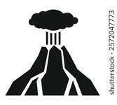 Black and white icon of a volcano erupting with lava flowing down its sides